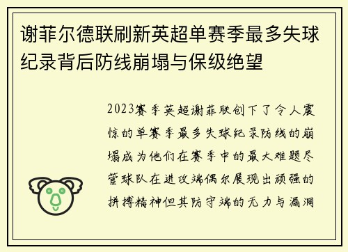 谢菲尔德联刷新英超单赛季最多失球纪录背后防线崩塌与保级绝望 谢菲尔德联刷新英超单赛季最多失球纪录背后防线崩塌与保级绝望