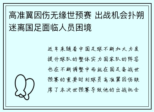 高准翼因伤无缘世预赛 出战机会扑朔迷离国足面临人员困境 高准翼因伤无缘世预赛 出战机会扑朔迷离国足面临人员困境